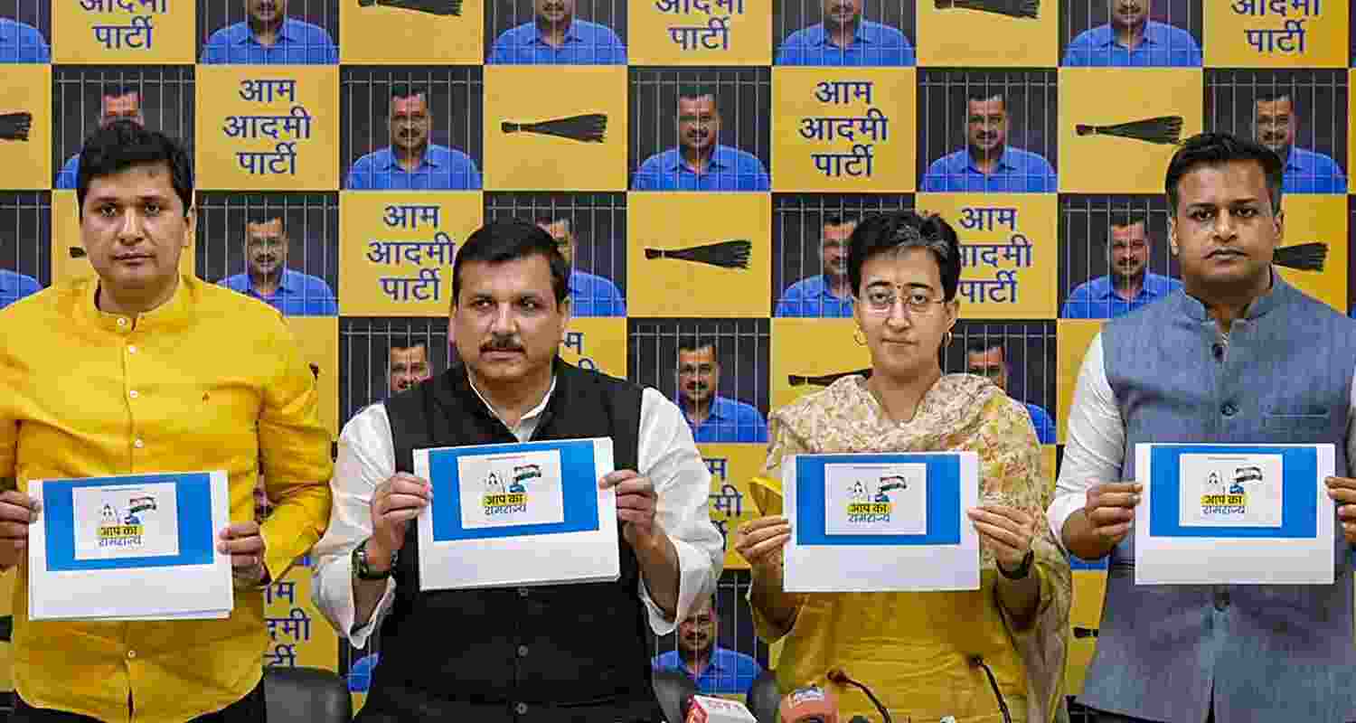 AAP leaders Sanjay Singh, Saurabh Bharadwaj, Atishi Singh and Jasmine Shah. 