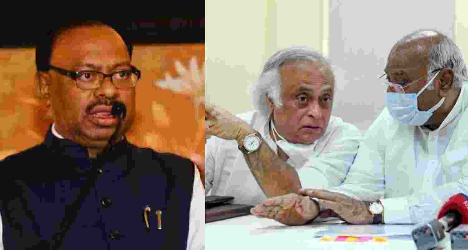 Maharashtra BJP chief Chandrashekar Bawankule (left), and Congress leaders Jairam Ramesh and Congress President Mallikarjun Kharge. 