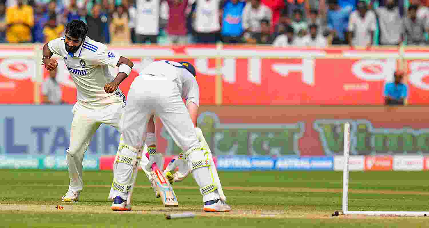 India's Jasprit Bumrah celebrates the wicket of England's Ollie Pope on the second day of the second cricket test match between India and England, at Dr. Y.S. Rajasekhara Reddy ACA-VDCA Cricket Stadium, in Visakhapatnam on Saturday.