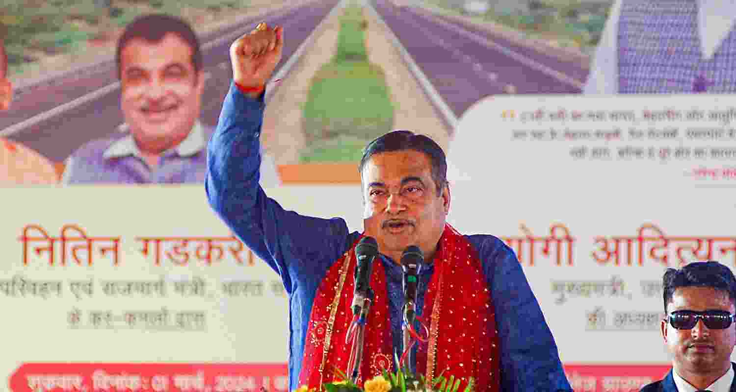 Union Minister Nitin Gadkari addresses the crowd during a public event in Mirzapur, Uttar Pradesh.