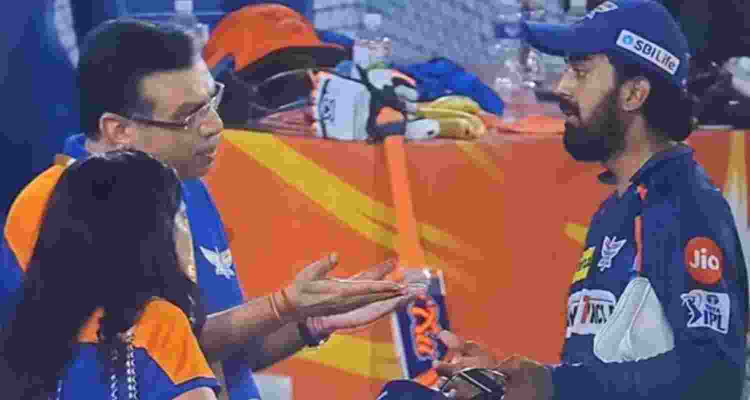 Interaction between LSG owner Sanjiv Goenka and Indian cricketer KL Rahul, who captains the LSG franchise.