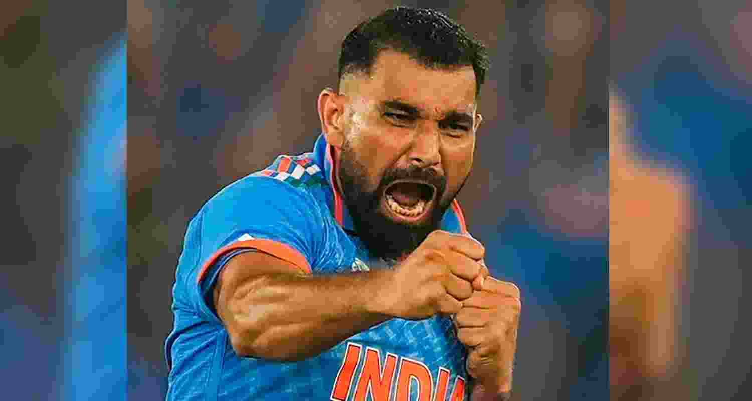 Mohammed Shami celebrates a wicket.