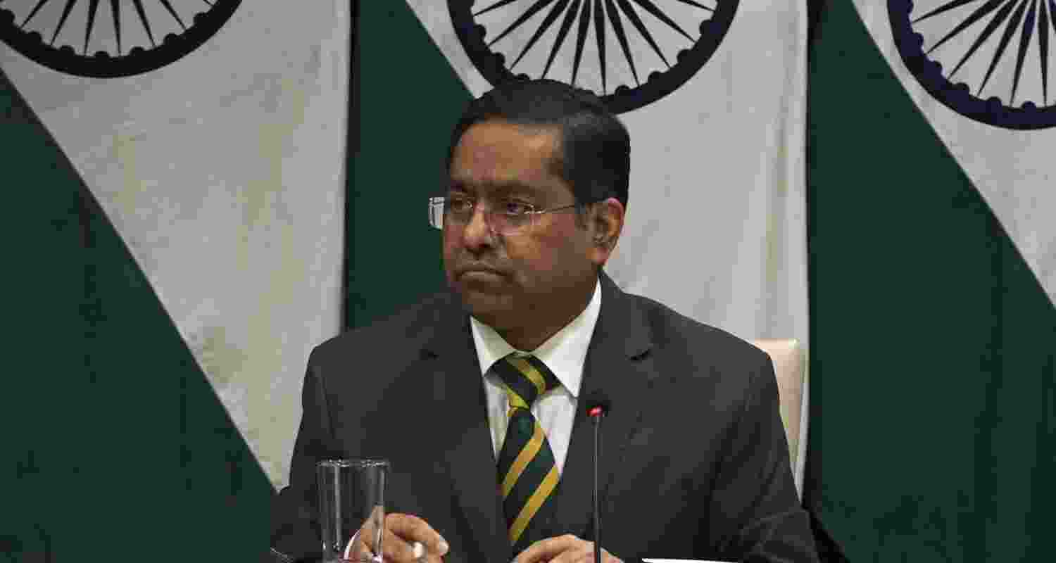 MEA Spokesperson Randhir Jaiswal while the press briefing. Image X.