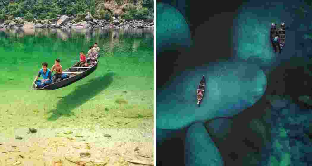 File photos showing day and night views of the Umngot River in Meghalaya in its once crystal-clear form.