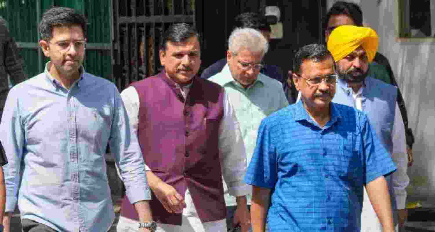 Punjab Chief Minister Bhagwant Mann, AAP Rajya Sabha MP Sanjay Singh, with Kejriwal before his arrest. Punjab Chief Minister Bhagwant Mann, AAP Rajya Sabha MP Sanjay Singh, with Kejriwal before his arrest.