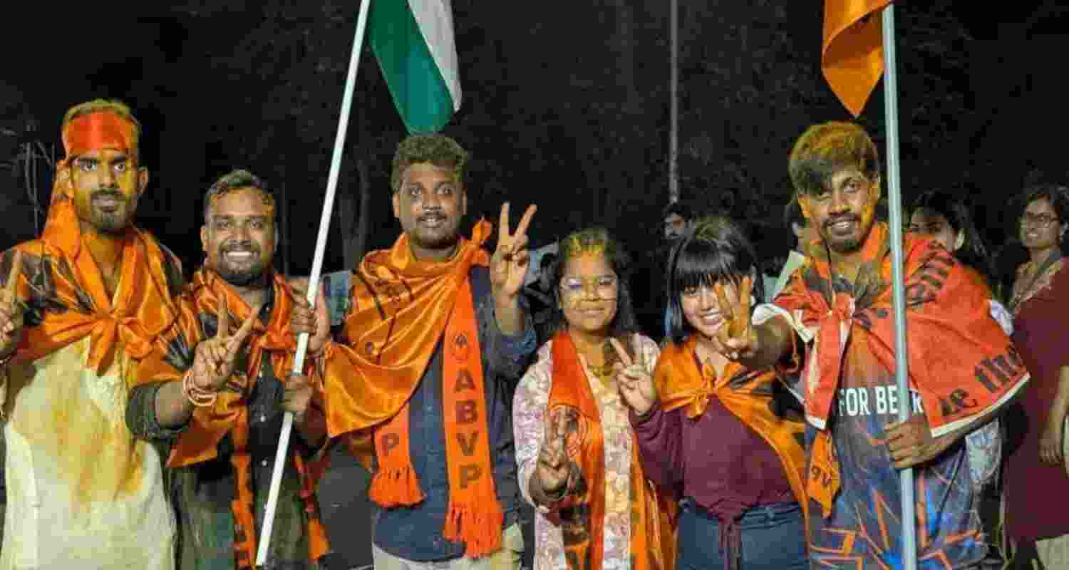 ABVP student supporters celebrate after winning the election.