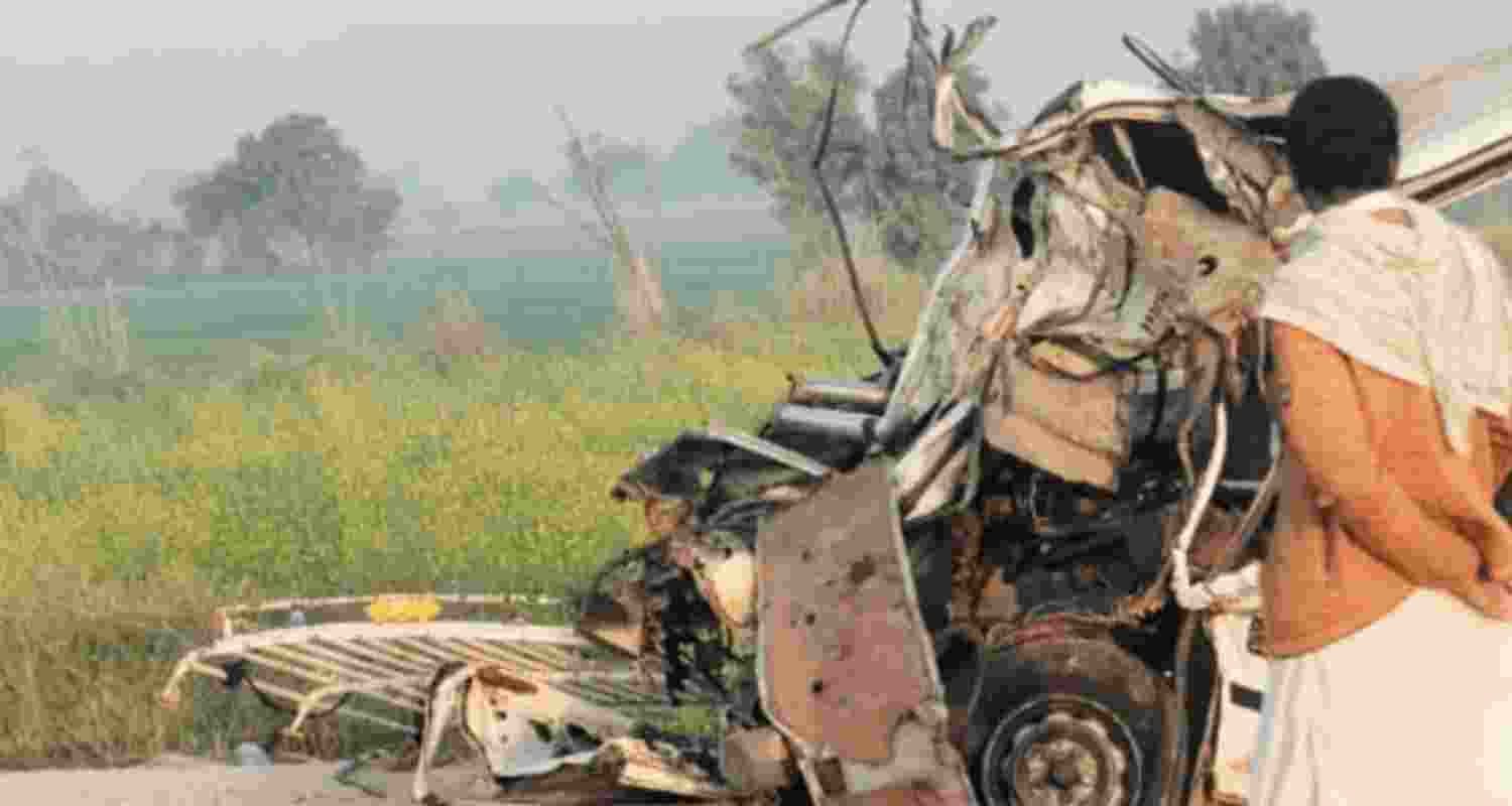 Mangled remains of the vehicle that was involved in a road accident near Qazi Ahmed, Pakistan, leaving five dead and 10 injured.