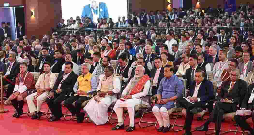 PM Modi, CM Himanta Biswa Sarma, industrialists Mukesh Ambani, and others during the Advantage Assam 2.0 Summit.