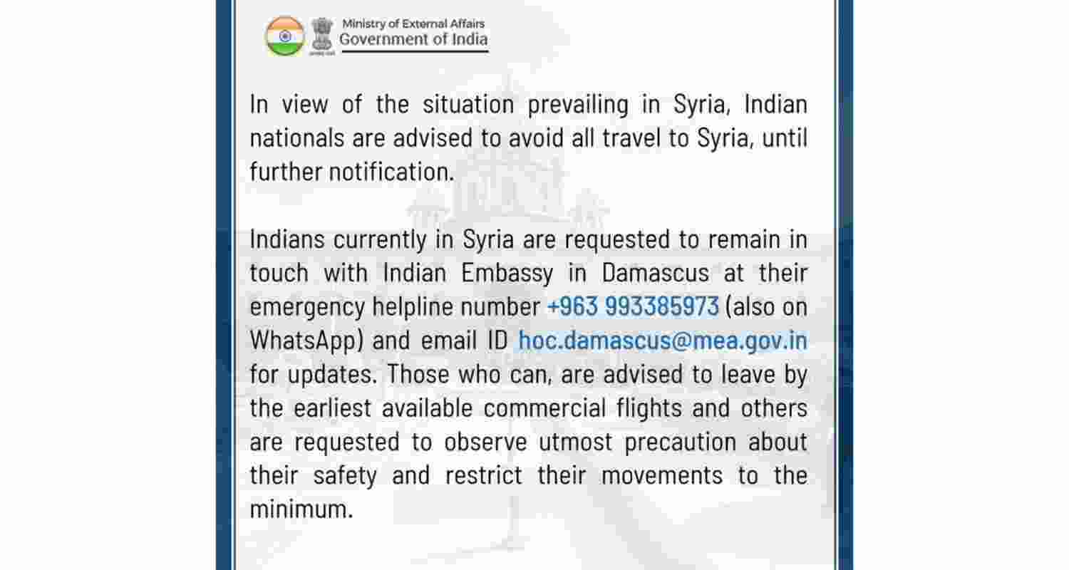 India issues travel advisory, urging citizens to avoid travelling to Syria. 