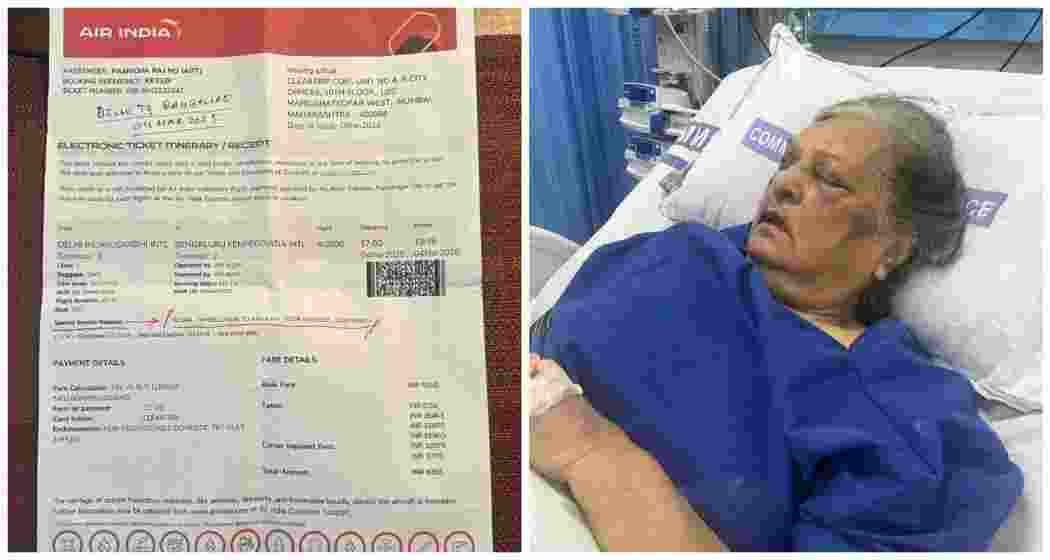 The Air India ticket confirming wheelchair assistance (L), yet the 82-year-old passenger is now in the ICU (R) after allegedly being denied the service at Delhi Airport, leading to a fall and severe injuries. The Air India ticket confirming wheelchair assistance (L), yet the 82-year-old passenger is now in the ICU (R) after allegedly being denied the service at Delhi Airport, leading to a fall and severe injuries.