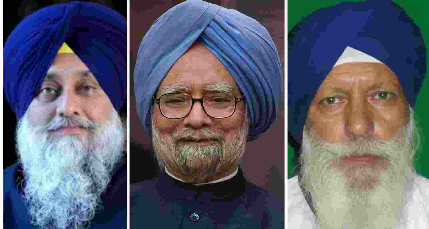 Shiromani Akali Dal leader Sukhbir Badal, former PM Manmohan Singh and senior Akali MP Sukhdev Singh Libra. File photos.