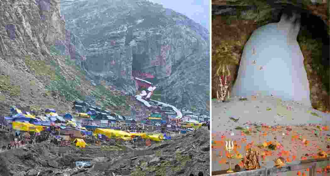 The route winding through the mountains towards the sacred Amarnath cave, where pilgrims journey to glimpse the revered Shivalinga ice-formation nestled deep in the Himalayan terrain.