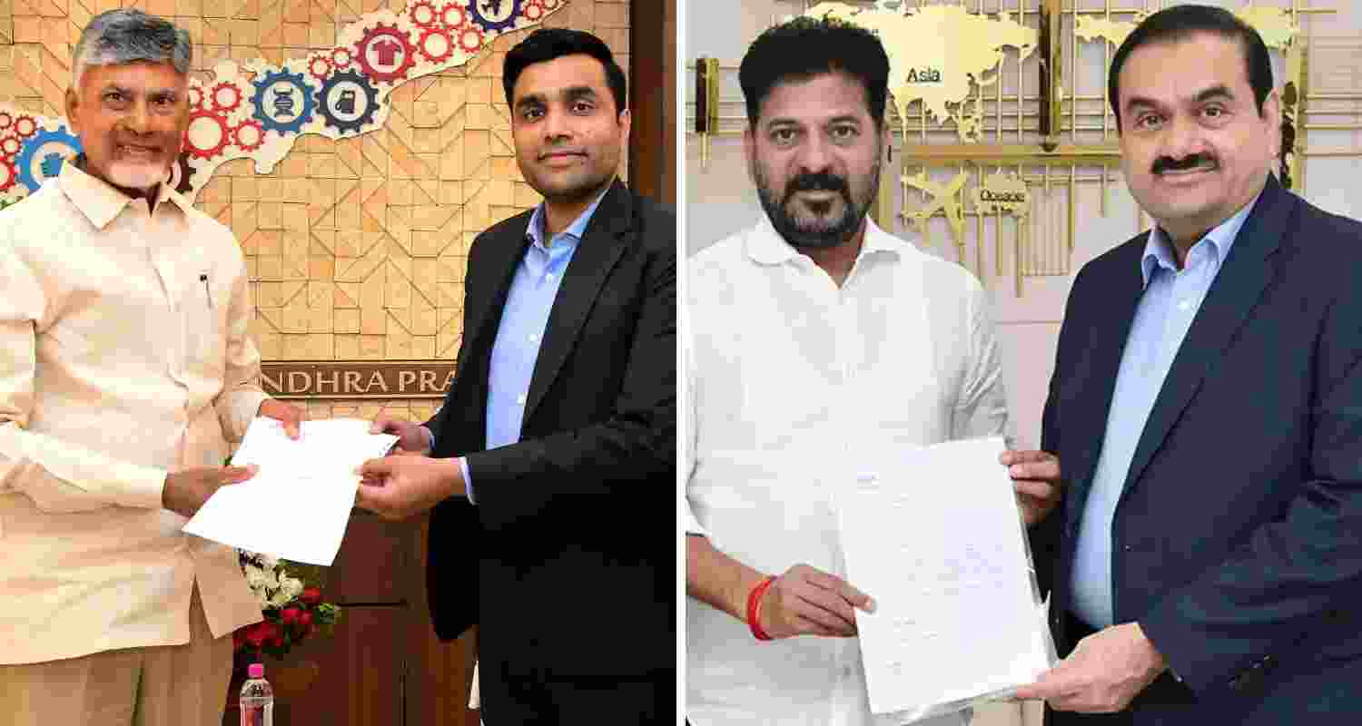 Left: Andhra CM Chandrababu Naidu with Gautam Adani's son Karan Adani. Right: Telangana CM Revanth Reddy with Gautam Adani. Left: Andhra CM Chandrababu Naidu with Gautam Adani's son Karan Adani. Right: Telangana CM Revanth Reddy with Gautam Adani.