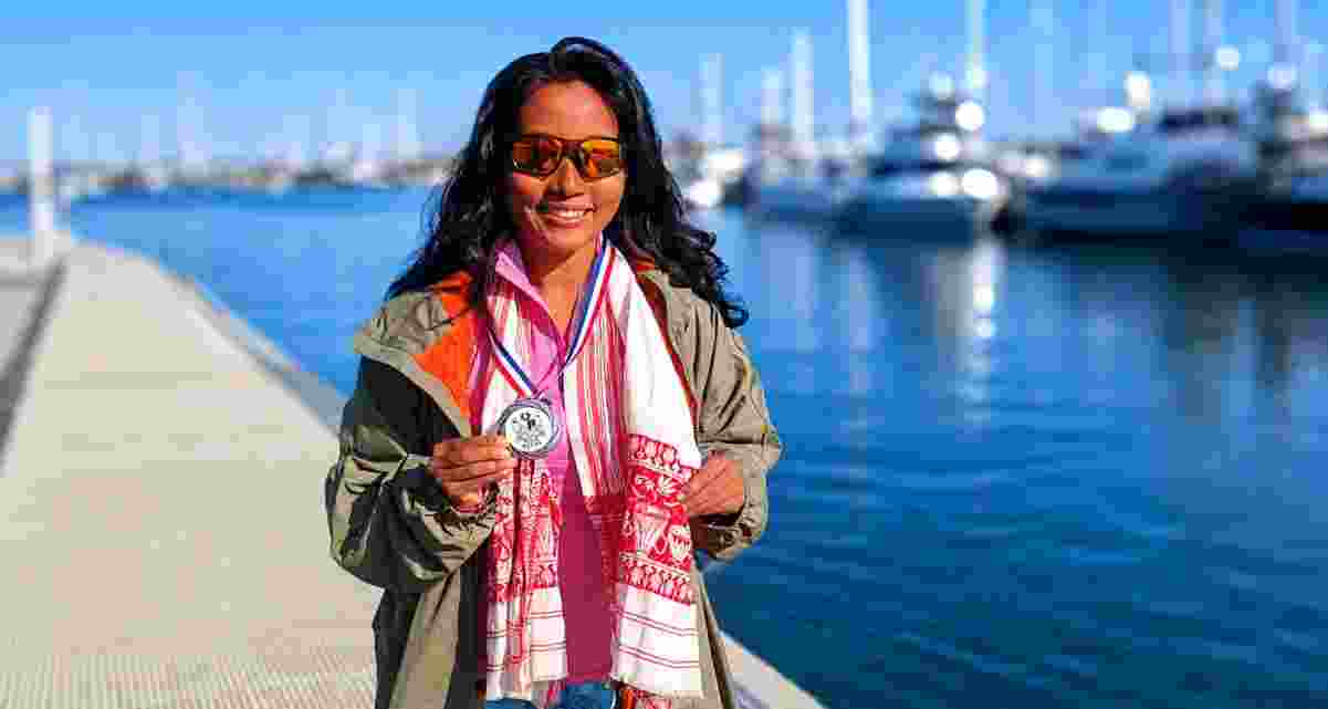 Ankita Konwar celebrates after completing the English Channel Relay Swim, becoming the first woman from Northeast India and the first Assamese woman to achieve the historic endurance feat. Ankita Konwar celebrates after completing the English Channel Relay Swim, becoming the first woman from Northeast India and the first Assamese woman to achieve the historic endurance feat.