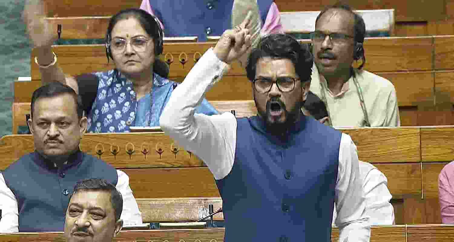 BJP MP Anurag Thakur speaks during a debate in the Lok Sabha on the Pahalgam terror attack and Operation Sindoor, at the Monsoon session of Parliament, in New Delhi, Monday.