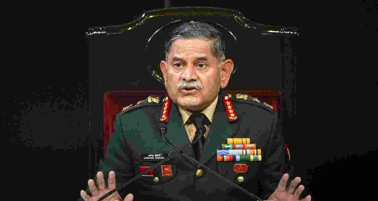 Chief of Army Staff General Upendra Dwivedi addresses the annual press conference, ahead of the 77th Army Day, in New Delhi, Monday.