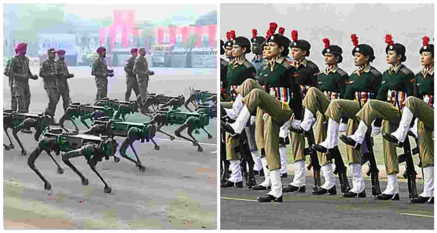 Robotic mules in action (L), an NCC all-women parade (R). Robotic mules in action (L), an NCC all-women parade (R).