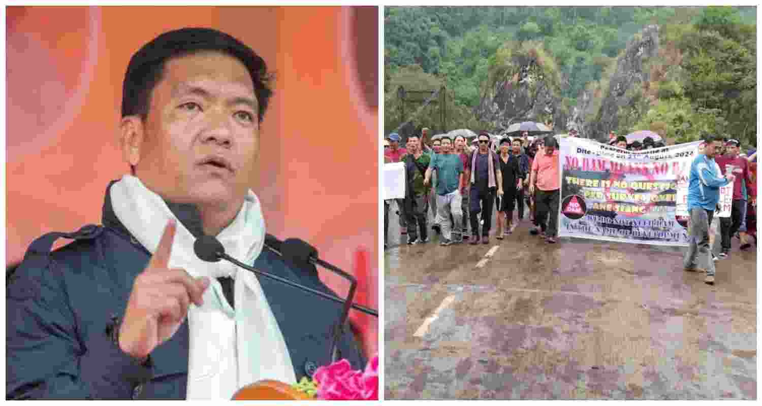 Arunachal Pradesh Chief Minister Pema Khandu (L), Protestors demonstrating against the proposed 12,500 MW Siang Upper Multipurpose Project in Arunachal Pradesh's Siang district.
