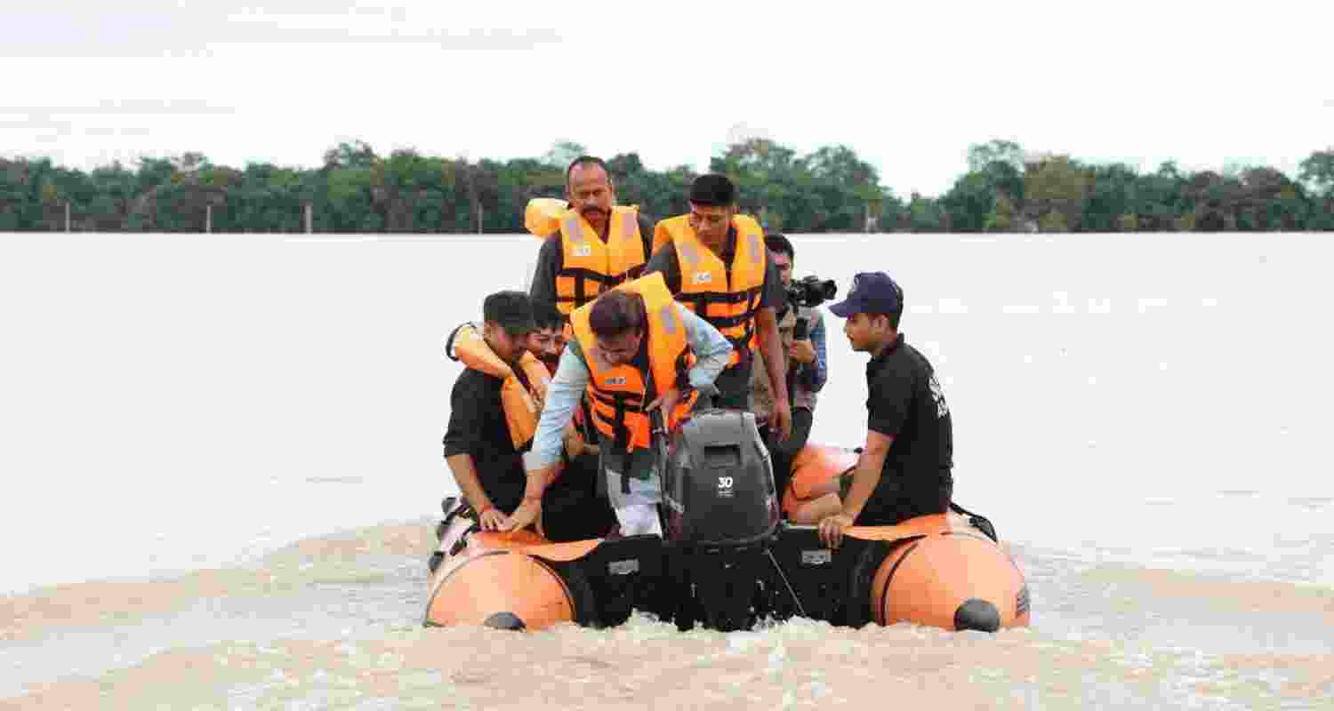 Assam Chief Minister Himanta Biswa Sarma inspecting the flood affected areas of Bokakhat, in Golaghat district on Tuesday. Assam Chief Minister Himanta Biswa Sarma inspecting the flood affected areas of Bokakhat, in Golaghat district on Tuesday.