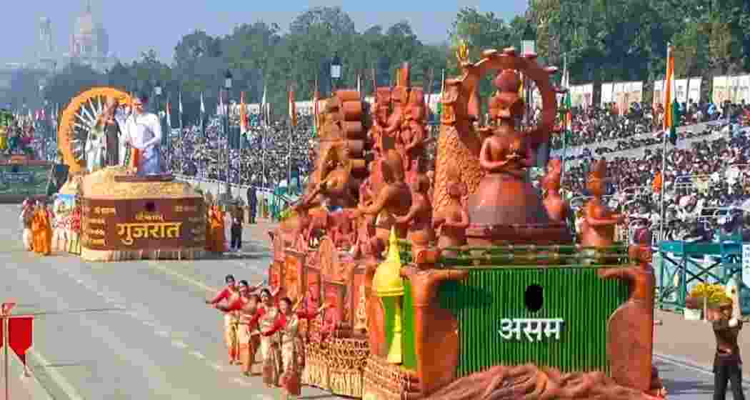 Assam’s tableau depicting the terracotta craft heritage of Asharikandi village rolls down Kartavya Path during the Republic Day parade in New Delhi on Monday.