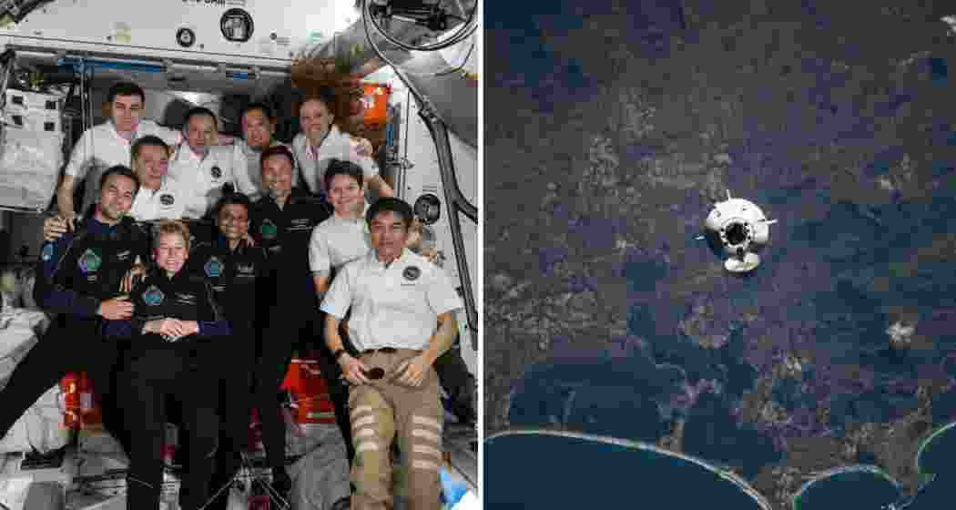 The Dragon capsule captured just before docking with the ISS.