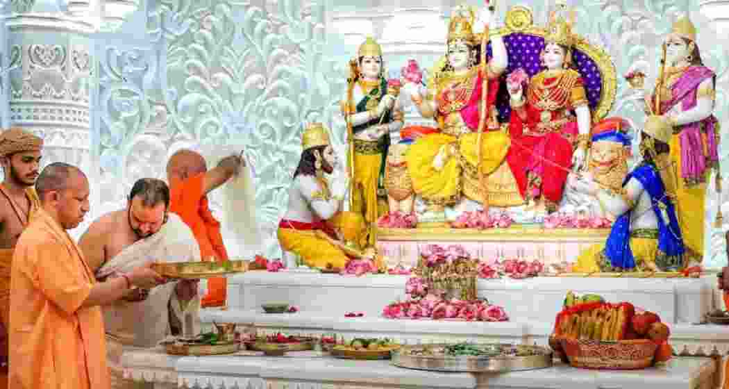 Uttar Pradesh Chief Minister Yogi Adityanath attends the consecration ceremony of Shri Ram Darbar and other deity idols at the Shri Ram Janmabhoomi temple, in Ayodhya, Thursday.