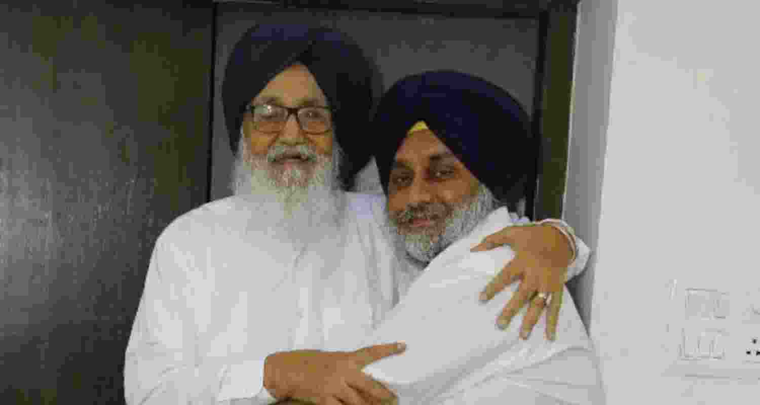 Former Punjab CM Parkash Singh Badal with his son Sukhbir Badal. Image: X