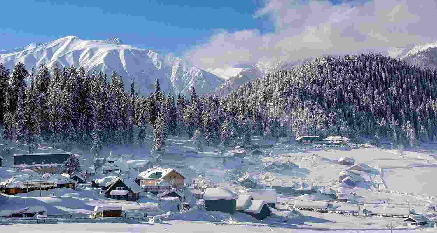Gulmarg Ski Resort covered in snow after fresh snowfall in Baramulla district of Jammu and Kashmir on Wednesday.