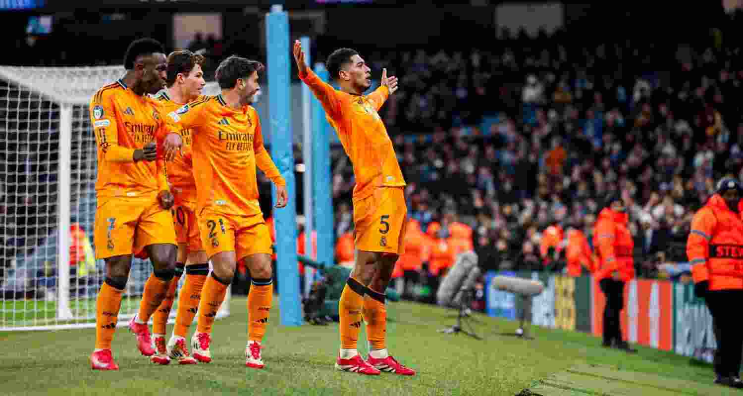 Jude Bellingham (right) celebrates with teammates after stoppage time. Image via X. Jude Bellingham (right) celebrates with teammates after stoppage time. Image via X.