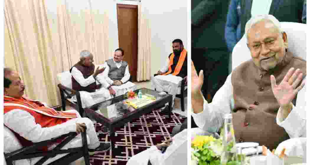 Bihar Chief Minister Nitish Kumar, BJP chief JP Nadda, and state president Dilip Jaiswal in a meeting ahead of the Cabinet expansion set for 4 pm today.