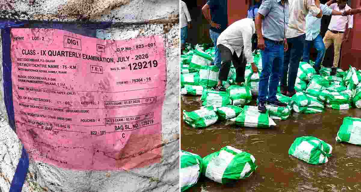Bundles of Bihar Board question papers and answer sheets lie in rainwater at Buniyadi School in Buxar after heavy rainfall, ahead of the quarterly examinations for Classes 9, 10 and 12. (Screengrab/Social media)