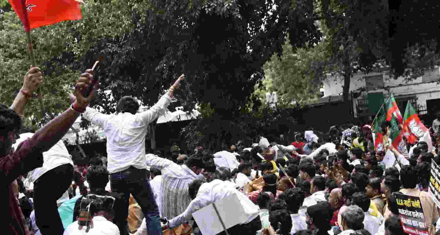 BJP workers protested outside the AAP office over the alleged Punjab paper leak, demanding the Education Minister's resignation after clashes with police.