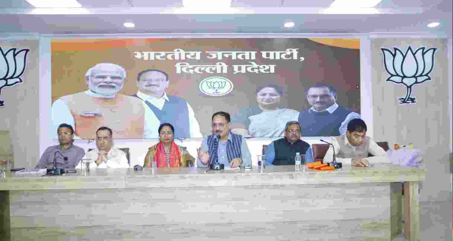 Delhi BJP chief Virendra Sachdeva addressing a meeting of party MLAs in New Delhi.