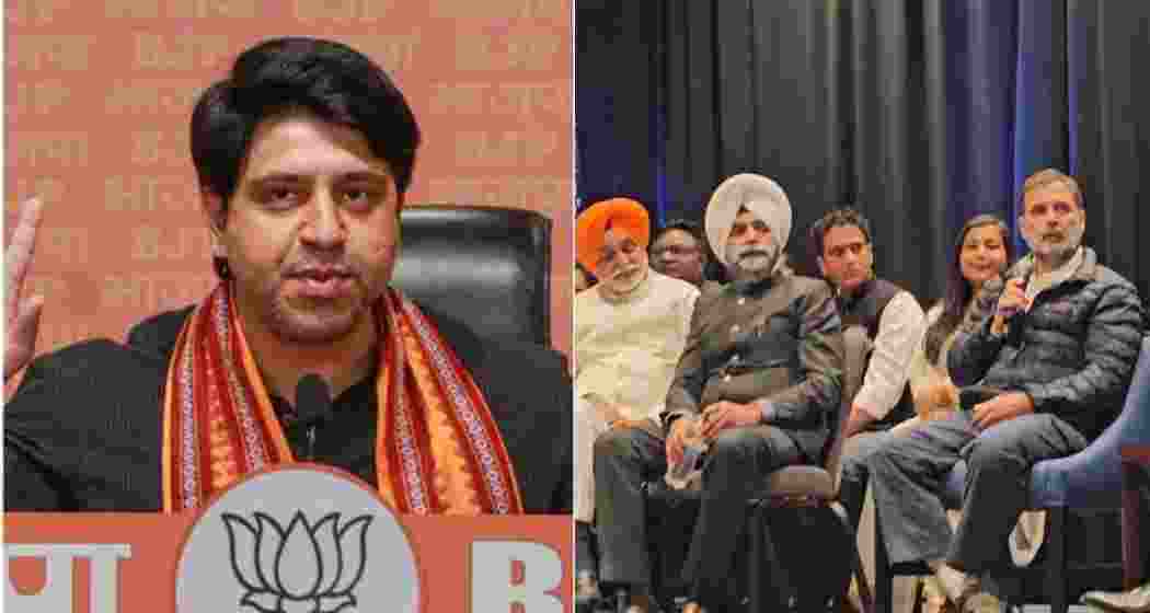 BJP spokesperson Shehzad Poonawalla (L). Senior Congress leader Rahul Gandhi addresses a diaspora gathering in Boston, US.