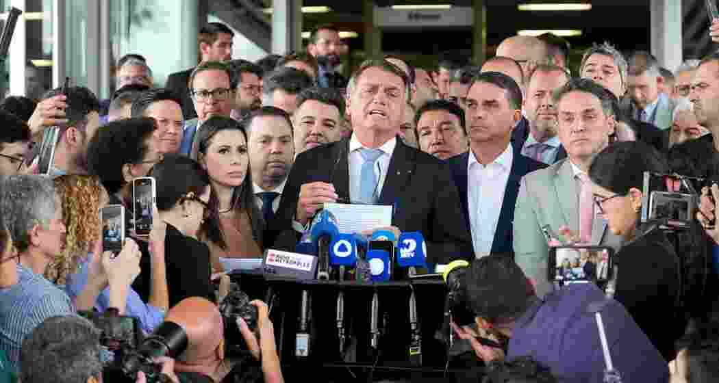 Brazil's former President Jair Bolsonaro speaks to the press at Congress in Brasilia, Brazil.