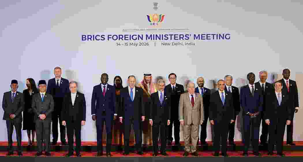 Foreign ministers of BRICS member nations pose for a group photograph during the BRICS summit meeting in New Delhi.
