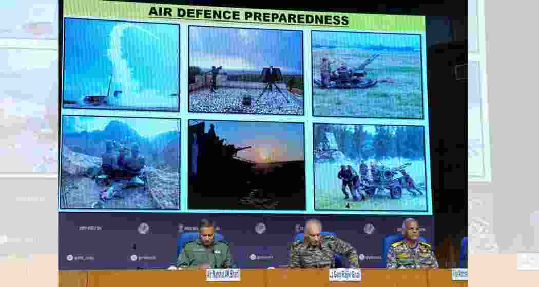 Director General of Military Operations (DGMO) Lt General Rajiv Ghai with Air Marshal AK Bharti and Vice Admiral AN Pramod during a press conference on 'Operation Sindoor', in New Delhi, Sunday.