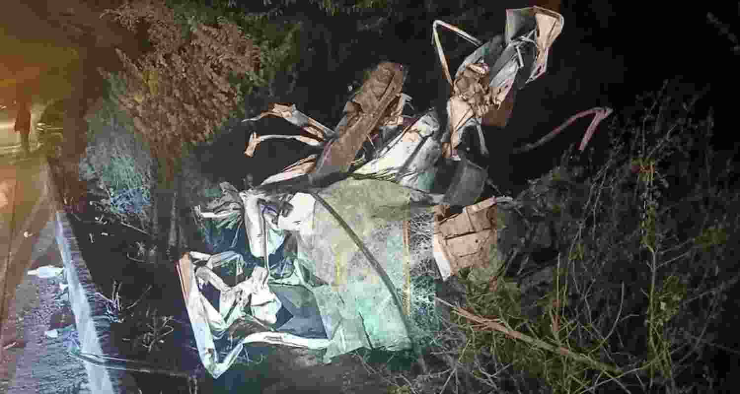 Wreckage of one of the vehicles involved in the accident. Image via X.