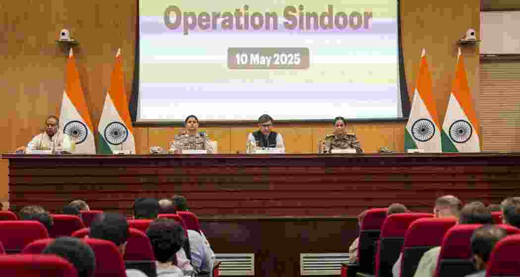 Foreign Secretary Vikram Misri with IAF officer Wing Commander Vyomika Singh and Army's Colonel Sofiya Qureshi during a press conference, in New Delhi, Saturday, May 10, 2025. Foreign Secretary Vikram Misri with IAF officer Wing Commander Vyomika Singh and Army's Colonel Sofiya Qureshi during a press conference, in New Delhi, Saturday, May 10, 2025.
