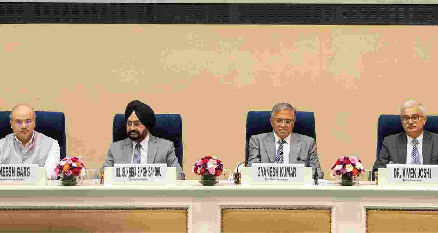 Chief Election Commissioner Gyanesh Kumar with Election Commissioners Sukhbir Singh Sandhu and Vivek Joshi during a press conference regarding the 2025 Bihar Assembly elections, in New Delhi, Monday.