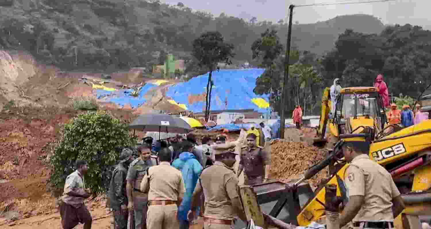 Rescue operations underway after a landslide at Kalladi near the Meppadi railway tunnel project in Wayanad district on Tuesday. 