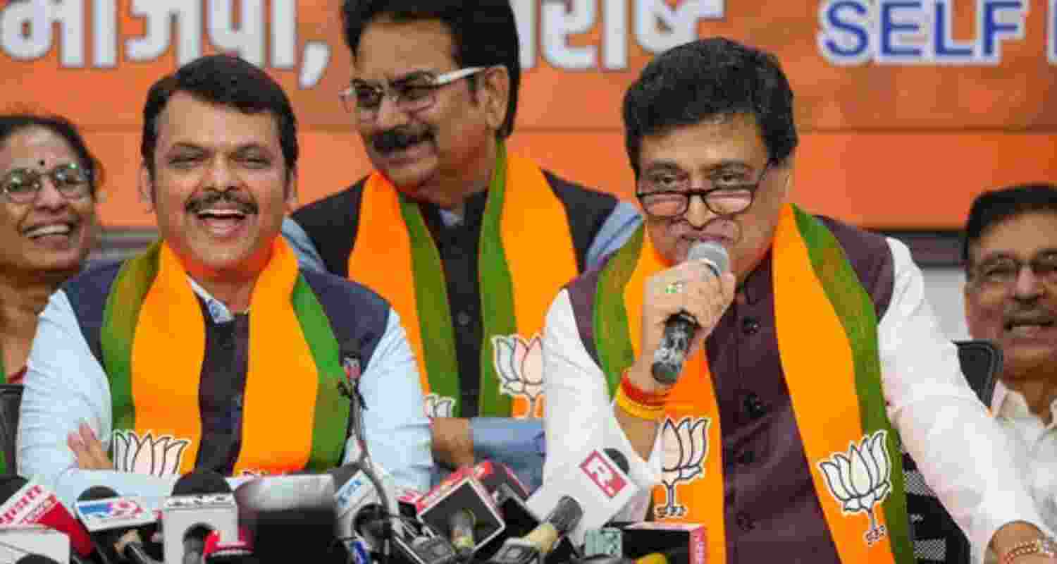 Former Maharashtra CM and Congress leader Ashok Chavan with Maharashtra Deputy Chief Minister Devendra Fadnavis addresses media after joining BJP, in Mumbai on Tuesday Former Maharashtra CM and Congress leader Ashok Chavan with Maharashtra Deputy Chief Minister Devendra Fadnavis addresses media after joining BJP, in Mumbai on Tuesday