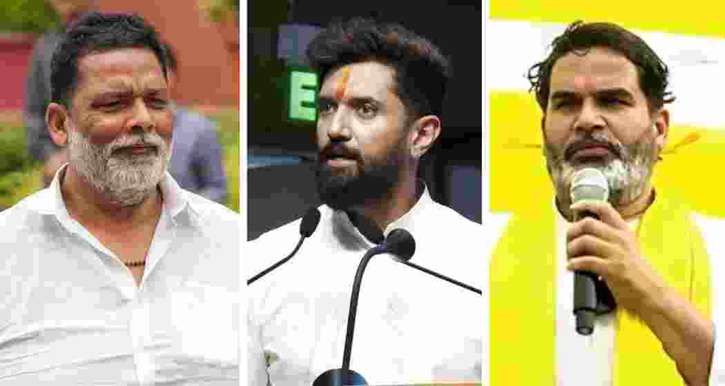 Independent MP from Purnia, Rajesh Ranjan (popularly known as Pappu Yadav) (L), Union Minister and Lok Janshakti Party (Ram Vilas) President Chirag Paswan (C), Jan Suraaj Party chief and political strategist Prashant Kishor (R).