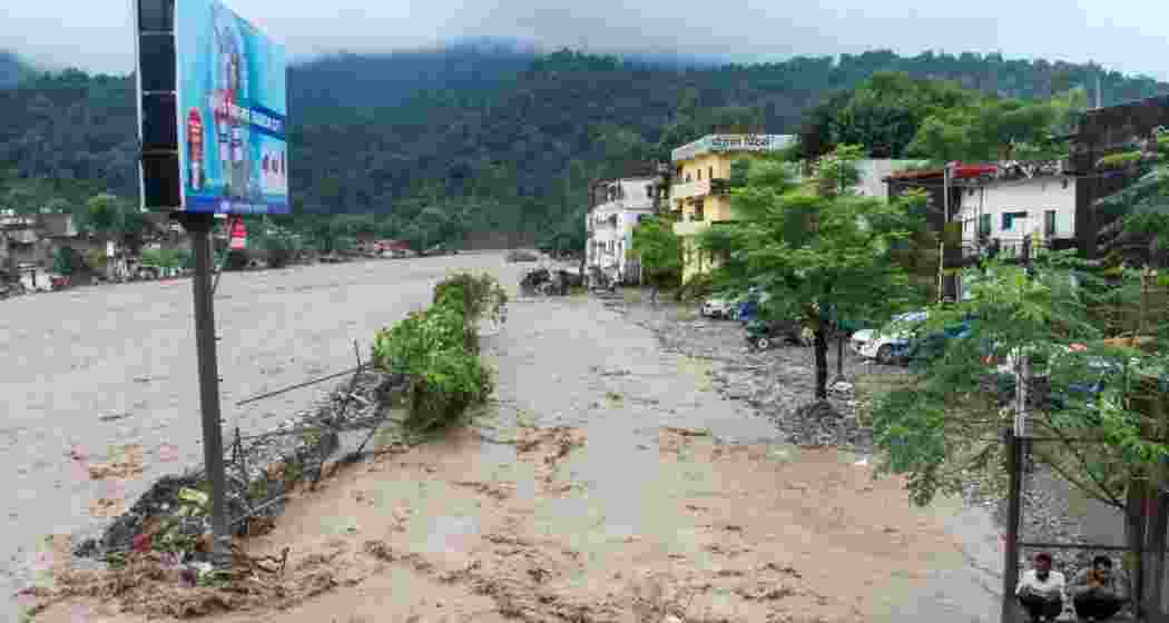 An area inundated as the Chandrabhaga river flows in spate due to heavy rains, in Rishikesh, Tuesday.
