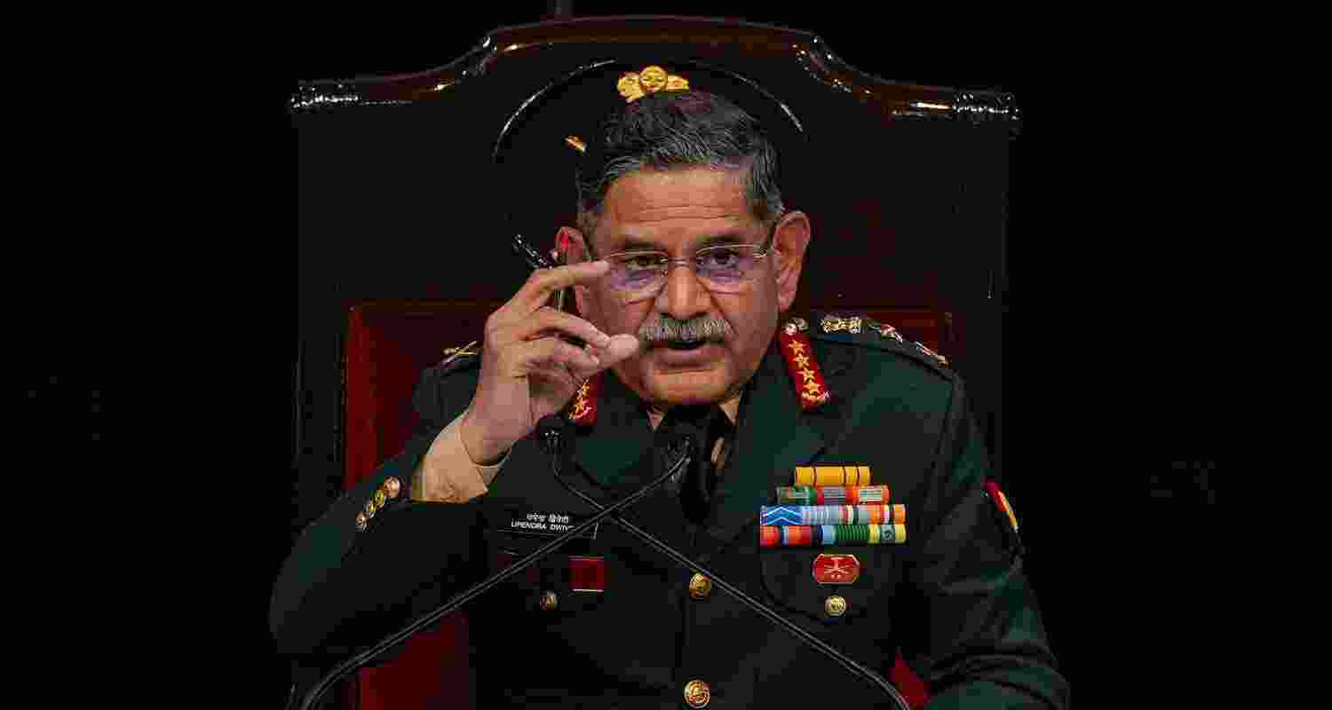 Chief of Army Staff General Upendra Dwivedi addresses the annual press conference, ahead of the 77th Army Day, in New Delhi, Monday. 
