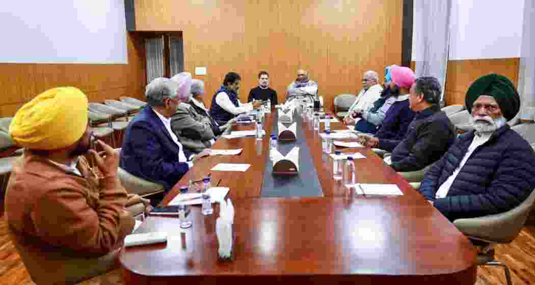 Lok Sabha LoP Rahul Gandhi, Congress president Mallikarjun Kharge and party General Secretary K C Venugopal during a strategic meeting related to Punjab Congress at the residence of LoP Rahul Gandhi, in New Delhi on Thursday. 