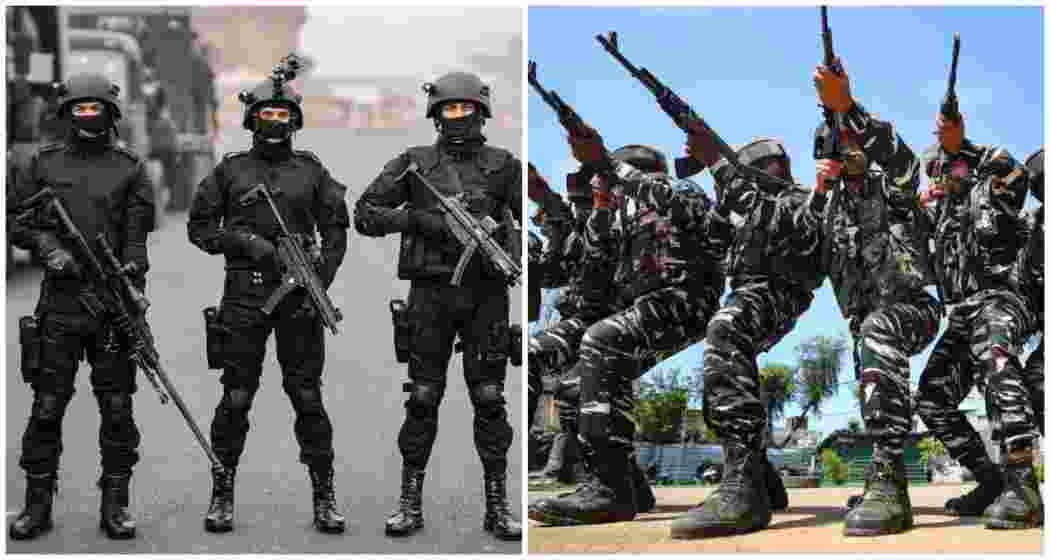 National Security Guard (NSG) commandos (L), Central Reserve Police Force (CRPF) (R). National Security Guard (NSG) commandos (L), Central Reserve Police Force (CRPF) (R).