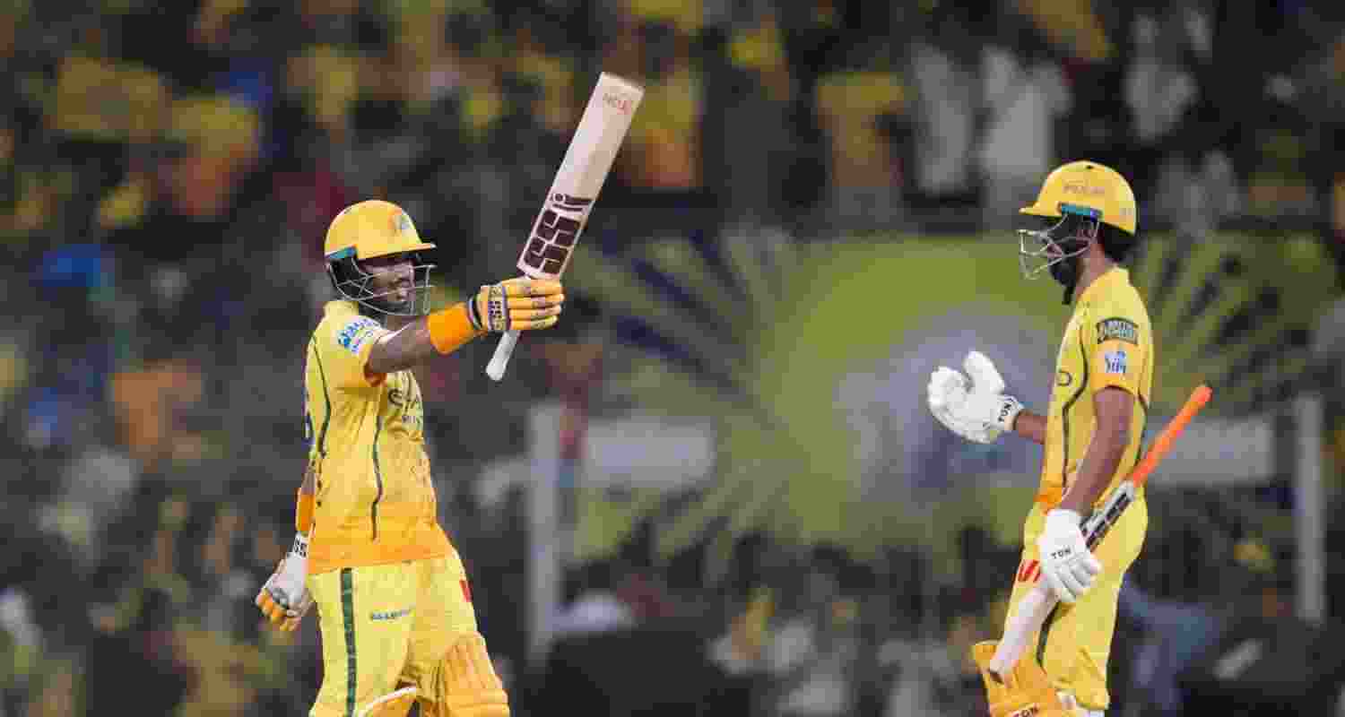 Chennai Super Kings' Kartik Sharma, left, celebrates his half century with captain Ruturaj Gaikwad during the Indian Premier League (IPL) 2026 T20 cricket match between Chennai Super Kings and Mumbai Indians, in Chennai, Tamil Nadu, Saturday, May 2, 2026. 