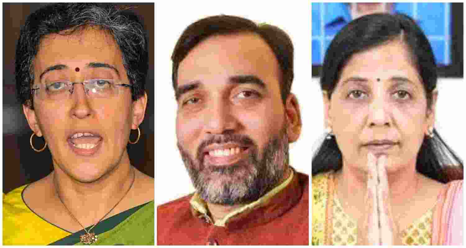 Atishi Marlena (L), Gopal Rai (C), Sunita Kejriwal (R). Atishi Marlena (L), Gopal Rai (C), Sunita Kejriwal (R).
