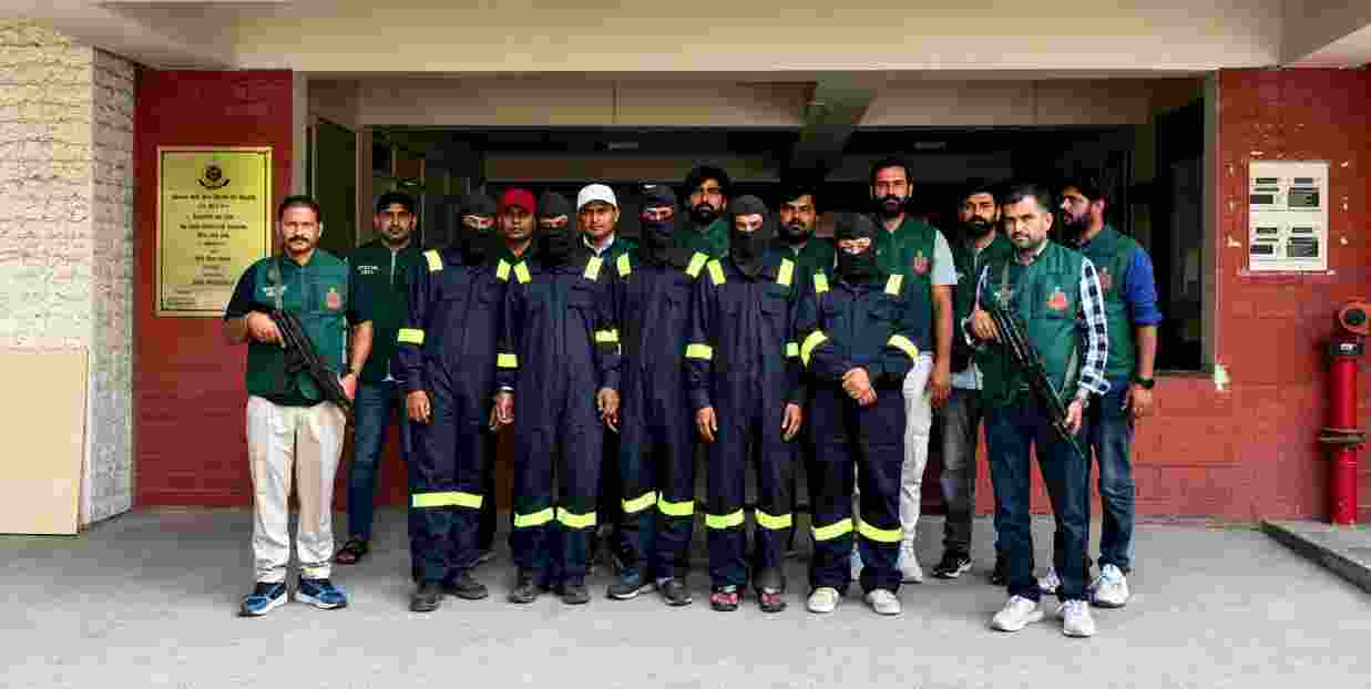 Five of the nine accused arrested in connection with a suspected ISI-linked terror module are presented by Delhi Police during a press briefing in New Delhi on Saturday.